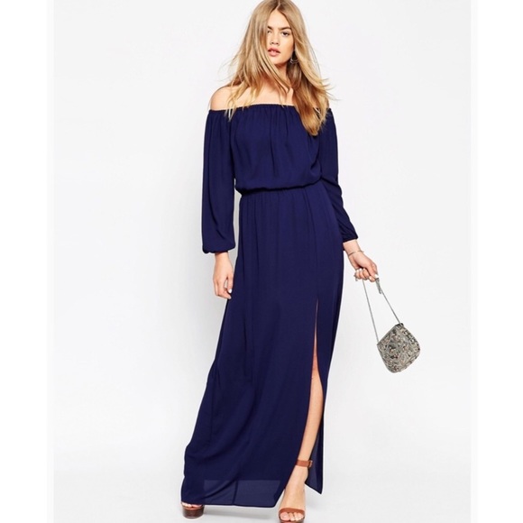 ASOS Dresses & Skirts - ASOS Blue Off Shoulder Front Slit Crepe Maxi Dress